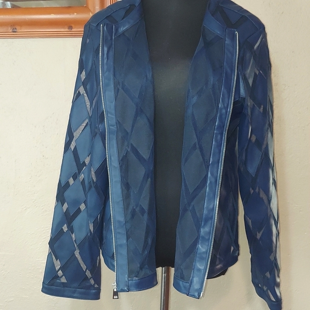 Women's Colleen Lopez Vegan Leather Checkered Sheer Zip Jacket - Picture 7 of 10